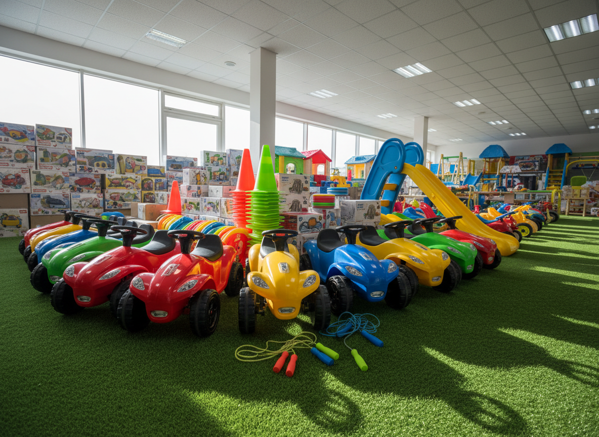 A dynamic outdoor toy wholesale corner in photographic realism, set inside a bright showroom with large floor-level windows hinting at daylight outside. On artificial turf flooring sit colorful ride-on cars with glossy bodies and rubberized wheels, stackable plastic cones, flying discs, jump ropes, and an assembled mini slide with a smooth, molded surface. Daylight streams in from the windows, casting playful yet controlled shadows while overhead lights keep everything evenly visible. Shot from a low angle to emphasize the size and sturdiness of the toys, with a deep depth of field to show multiple layers of stock behind. The mood is energetic yet businesslike, ideal for international buyers evaluating outdoor ranges for bulk purchase.