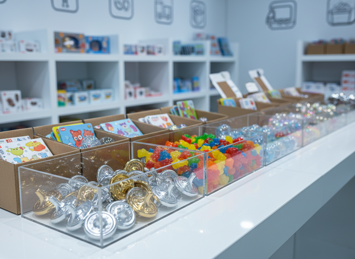 A neatly arranged novelty and impulse toy wholesale display in photographic realism, captured from an eye-level perspective. Clear acrylic bins and small, open cartons line a glossy white counter, each filled with themed assortments: metallic spinning tops, squishy gel shapes, mini puzzles, and light-up balls with visible internal LEDs (not illuminated). Subtle, cool studio lighting from above creates crisp reflections on the acrylic and soft gleams on metallic toy surfaces. The background is a softly blurred suggestion of shelving with additional stock and neutral icon-style graphics indicating bulk order options. The composition uses asymmetrical balance, with a single bin in sharp foreground focus and others gradually softening, conveying variety, volume, and a modern, professional wholesale environment.