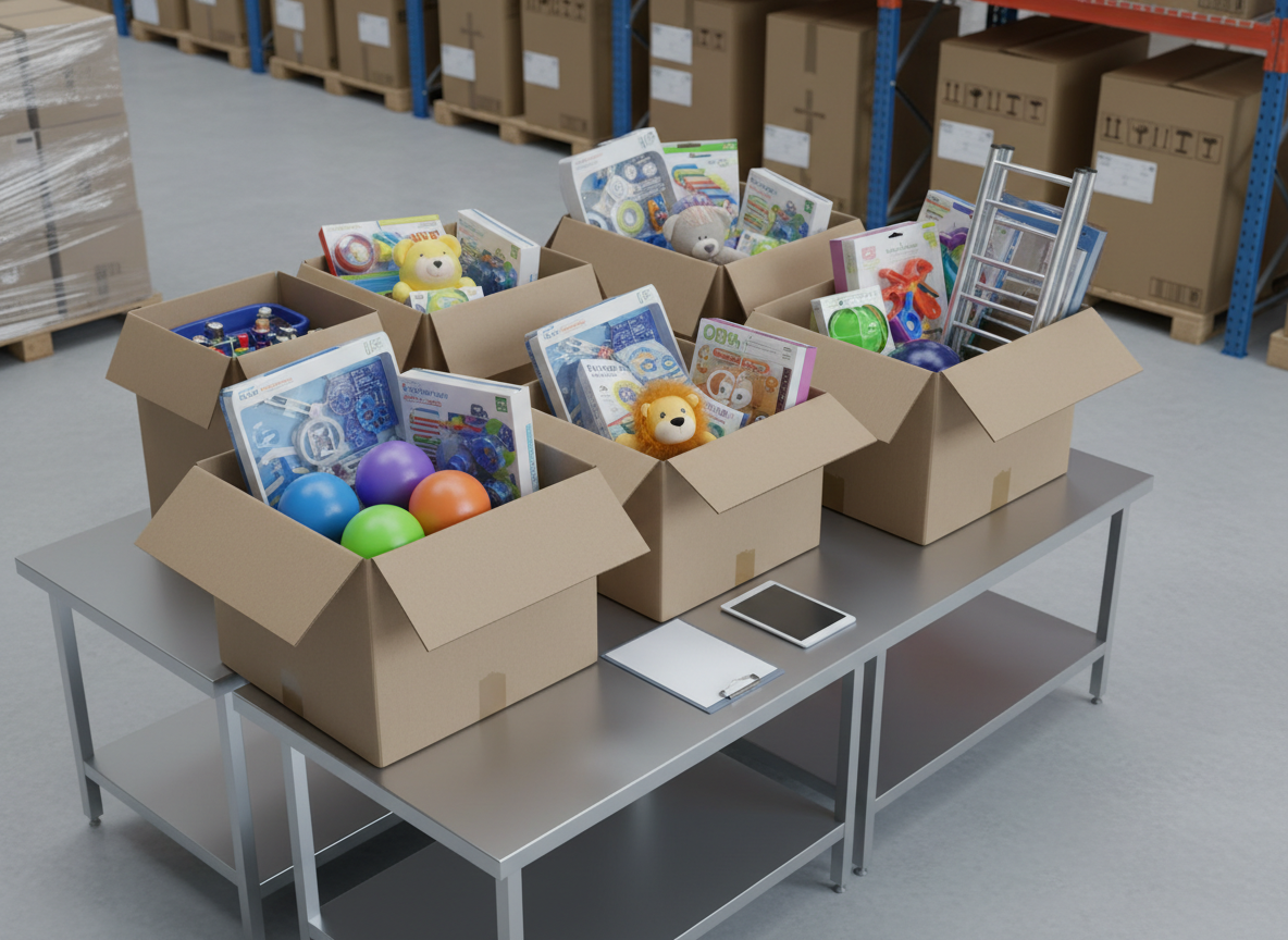 An elevated, three-quarter view of a clean warehouse packing zone featuring large, unbranded cardboard boxes overflowing with assorted toys: foam balls, educational kits in transparent clamshells, plush characters, and outdoor playsets with metallic hardware. Beside the boxes, a minimal clipboard and tablet with blank, glow-free screens subtly suggest quote requests, MOQs, and bulk pricing without visible text. Cool, even studio lighting emphasizes product surfaces and corrugated cardboard textures, casting soft, orderly shadows. The background fades into blurred pallet racks loaded with sealed cartons destined for global shipping. The mood is efficient and trustworthy, presented in crisp photographic realism with a balanced composition that highlights both variety and large-volume readiness.