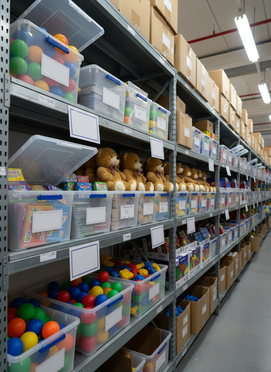 A long metal warehouse rack in photographic realism, shelves neatly lined with clear plastic containers and open cartons filled with identical toys grouped for bulk wholesale: rows of brightly colored rubber balls, sorted educational flashcard boxes, identical plush bears, and stackable construction sets. Large, blank hanging tags and label areas suggest pricing and MOQs without any visible writing. Overhead industrial lighting creates crisp, even illumination and clean shadows beneath each container. Shot from a low, slightly angled perspective down the aisle, enhancing depth and scale to emphasize high-volume capability for global buyers, while maintaining a tidy, professional, businesslike atmosphere.