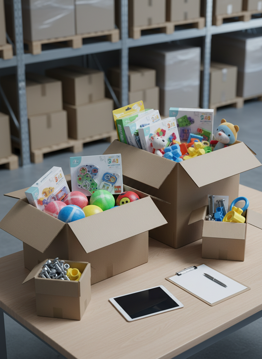 An elevated, three-quarter view of a clean warehouse packing zone featuring large, unbranded cardboard boxes overflowing with assorted toys: foam balls, educational kits in transparent clamshells, plush characters, and outdoor playsets with metallic hardware. Beside the boxes, a minimal clipboard and tablet with blank, glow-free screens subtly suggest quote requests, MOQs, and bulk pricing without visible text. Cool, even studio lighting emphasizes product surfaces and corrugated cardboard textures, casting soft, orderly shadows. The background fades into blurred pallet racks loaded with sealed cartons destined for global shipping. The mood is efficient and trustworthy, presented in crisp photographic realism with a balanced composition that highlights both variety and large-volume readiness.