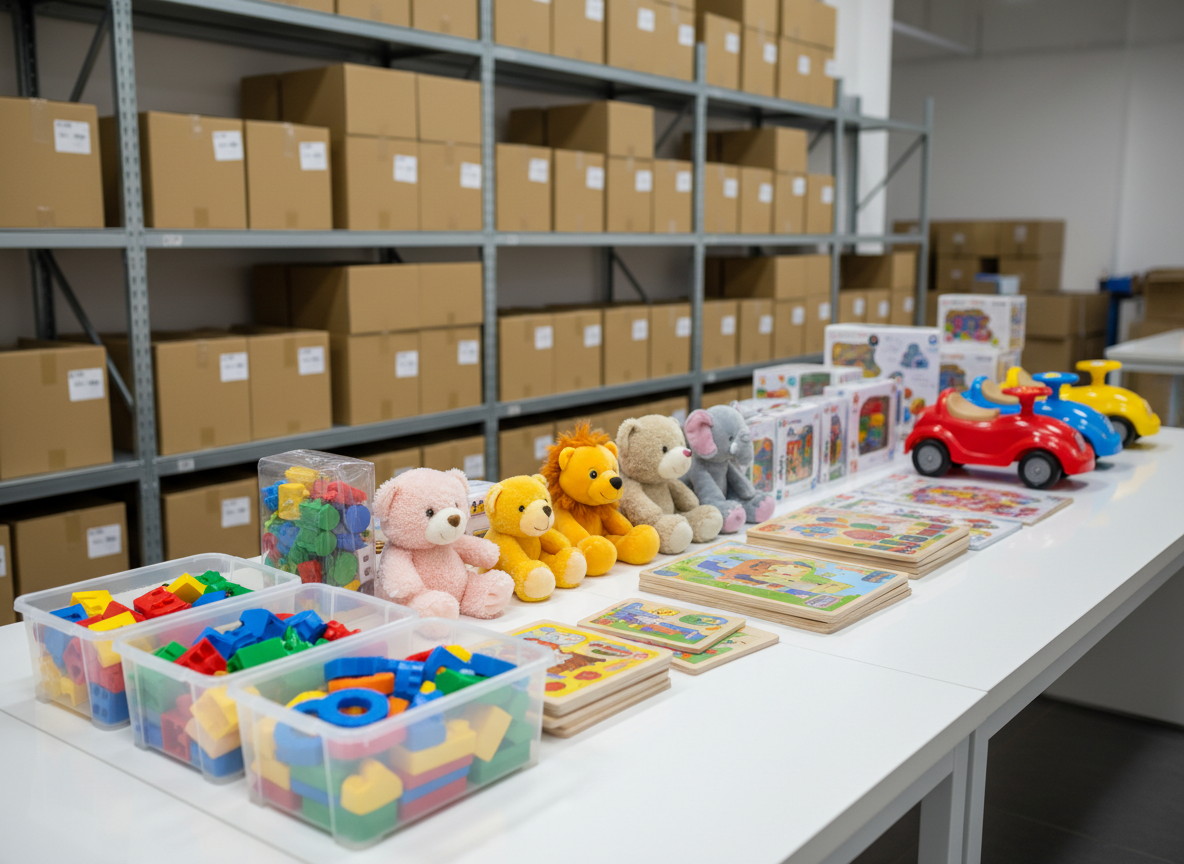 A wide, polished white showroom table filled with neatly arranged wholesale toys for all age groups: colorful building blocks in clear plastic bins, plush animals with soft, detailed fur, sturdy wooden puzzles, and bright ride-on cars with glossy plastic surfaces. In the background, tall warehouse-style shelving holds stacked, label-free cartons suggesting bulk orders and EXW shipments. Soft studio lighting from above and the side creates gentle reflections on plastic packaging and subtle shadows under each item. Shot at eye level with sharp focus and slight depth into the shelves, in a clean, modern photographic realism style. The atmosphere feels professional and organized, ideal for a global toy buyer browsing a one-stop supplier catalog.