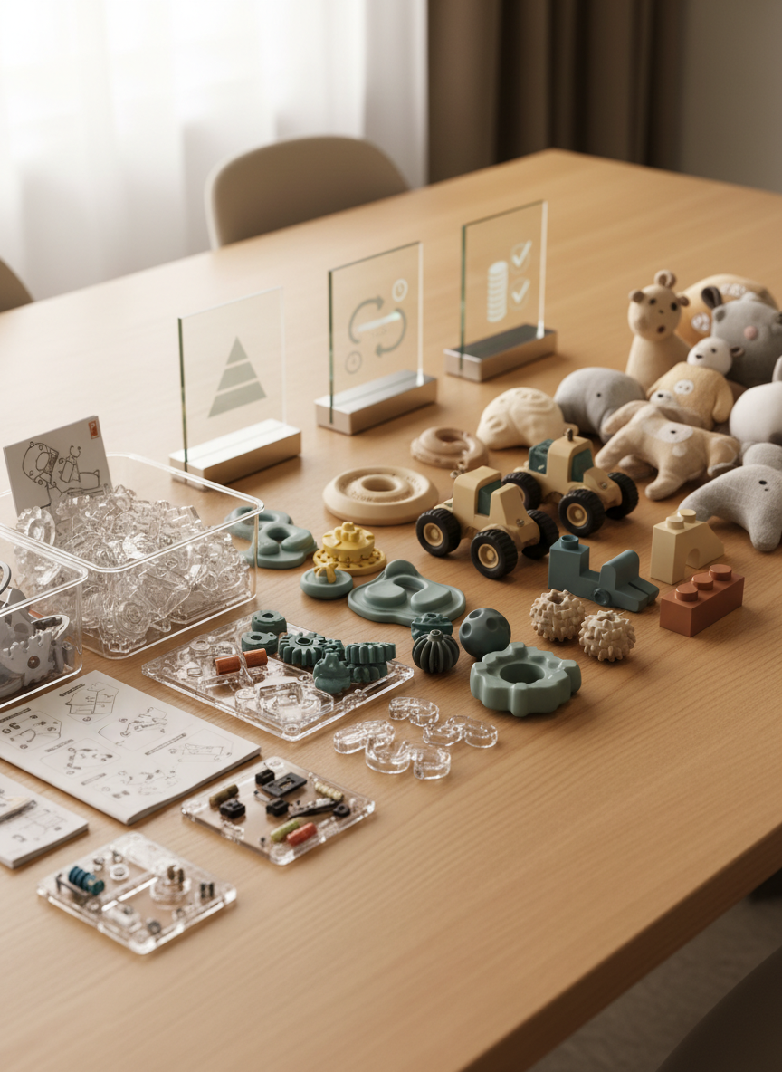 A sleek office-style product planning desk with a broad, light wood surface covered in categorized toy samples: STEM kits with intricate plastic components, sensory toys with textured silicone, chunky outdoor toys with rugged tires, and fluffy plush toys in neutral, non-branded designs. At the back edge of the desk, small, blank display stands and neutral icon-like charts subtly imply bulk pricing tiers, lead times, and payment terms without showing text. Soft daylight streams from an unseen window to the left, creating gentle highlights on plastic and metal and a warm, professional feel. Captured from a slightly elevated angle with shallow depth of field, focusing on the nearest toys in realistic, modern photographic style.