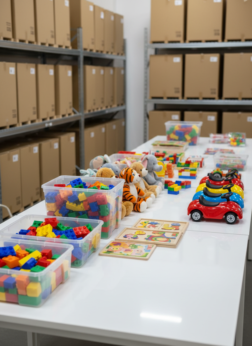 A wide, polished white showroom table filled with neatly arranged wholesale toys for all age groups: colorful building blocks in clear plastic bins, plush animals with soft, detailed fur, sturdy wooden puzzles, and bright ride-on cars with glossy plastic surfaces. In the background, tall warehouse-style shelving holds stacked, label-free cartons suggesting bulk orders and EXW shipments. Soft studio lighting from above and the side creates gentle reflections on plastic packaging and subtle shadows under each item. Shot at eye level with sharp focus and slight depth into the shelves, in a clean, modern photographic realism style. The atmosphere feels professional and organized, ideal for a global toy buyer browsing a one-stop supplier catalog.