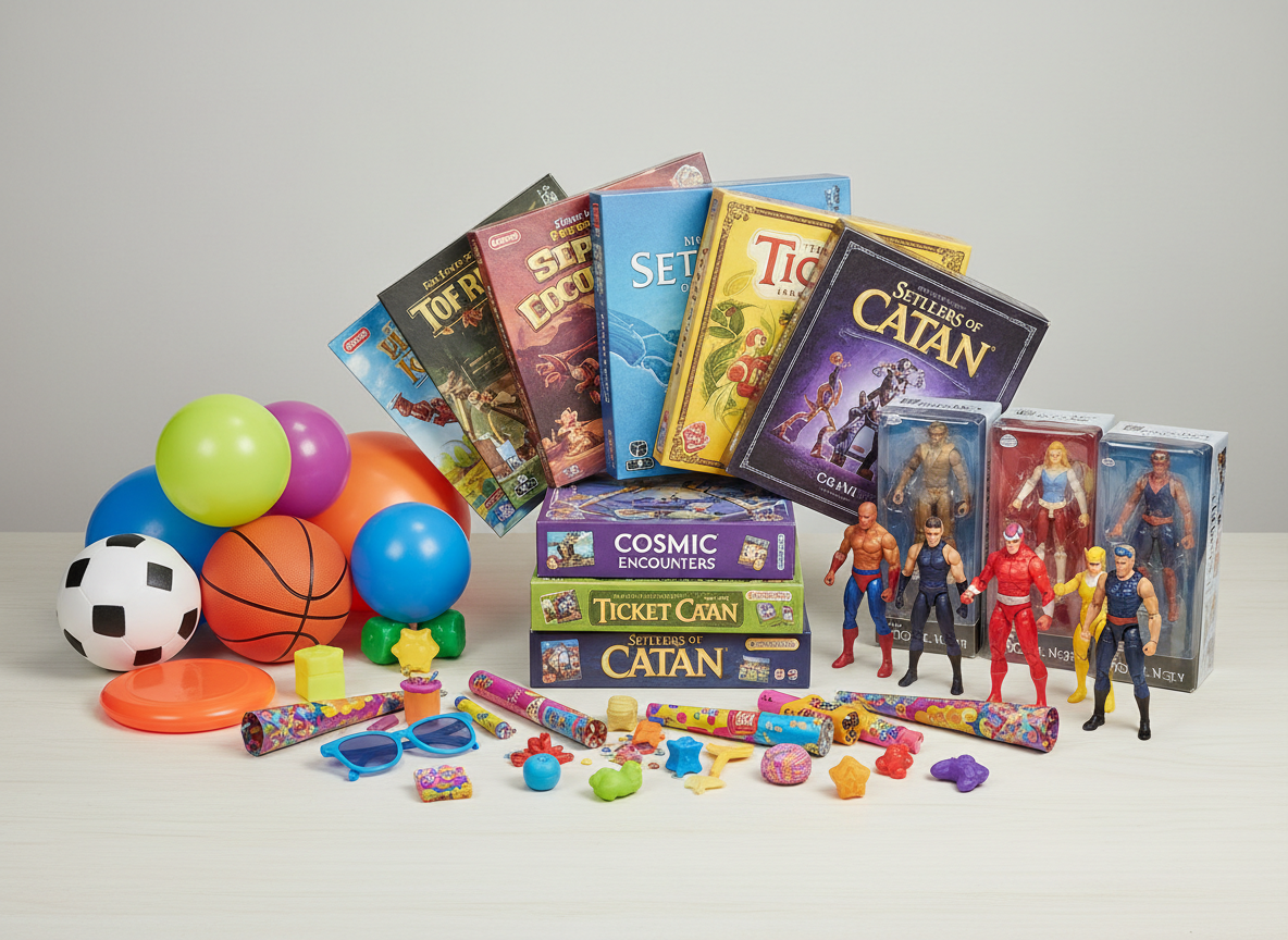 Entertainment toys including board games, action figures and outdoor play items