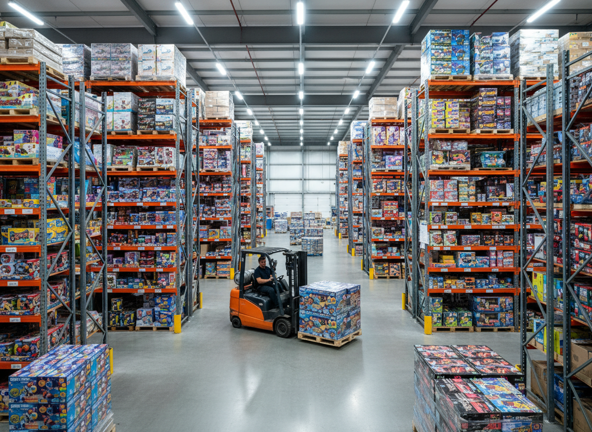 Global Toy Cart wholesale toy warehouse with shelves of boxed toys