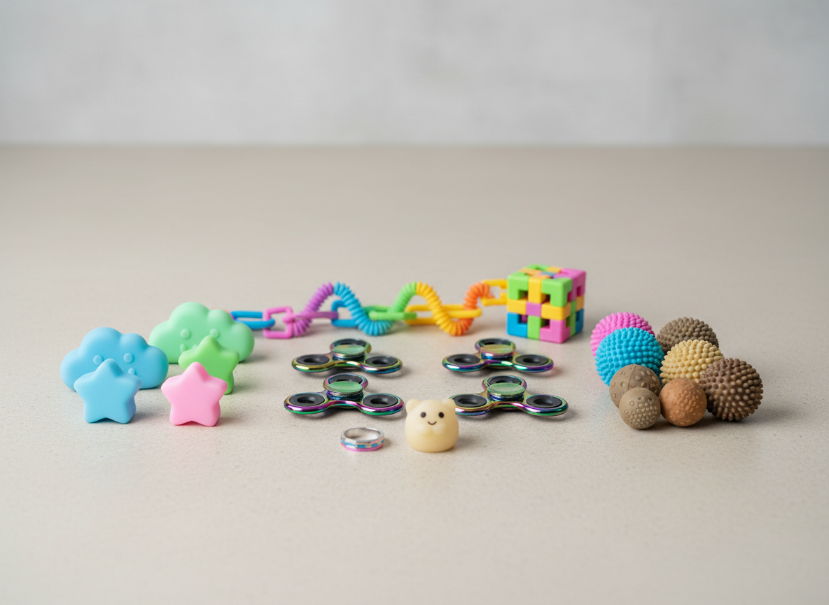 Stress relief toys including fidget spinners and squeeze sensory tools